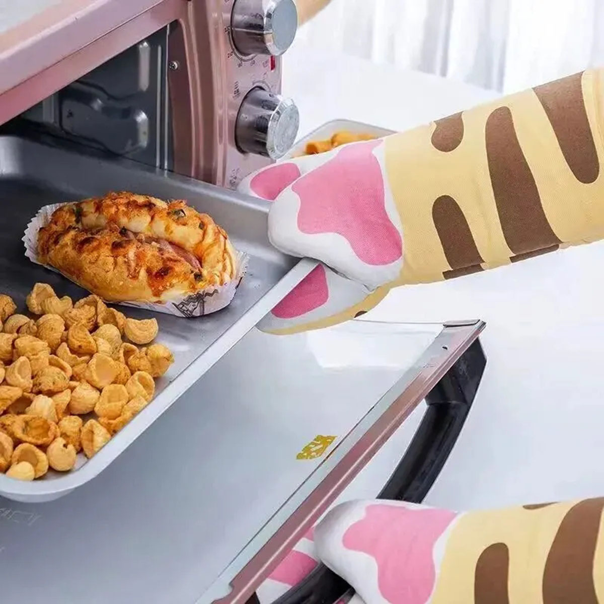 Oven Mitt Silicone - Microwave Long Cotton Gloves Cute Cat