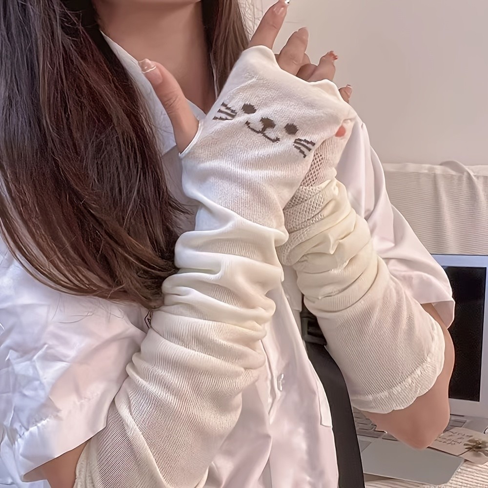 1 Pair Cute Cat Print Arm Cove - Fingerless Glove Knit ulasan dan harga