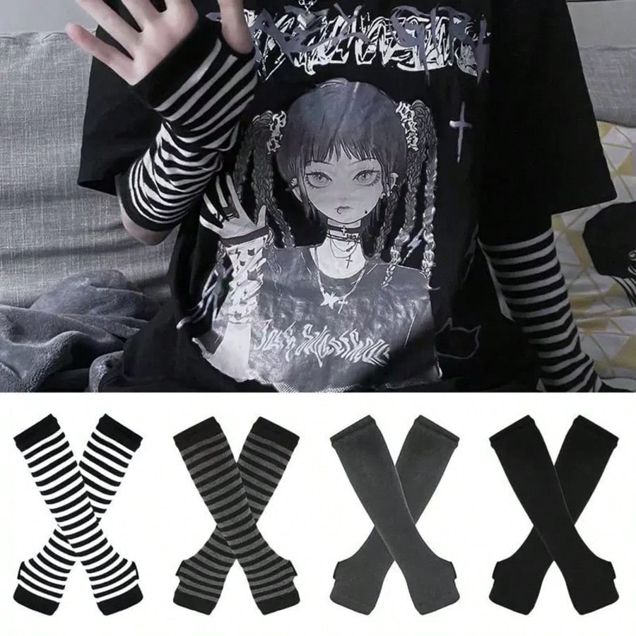 1 Pair Y2K Punk Striped Knitte - Fingerless Glove Knit ulasan dan harga