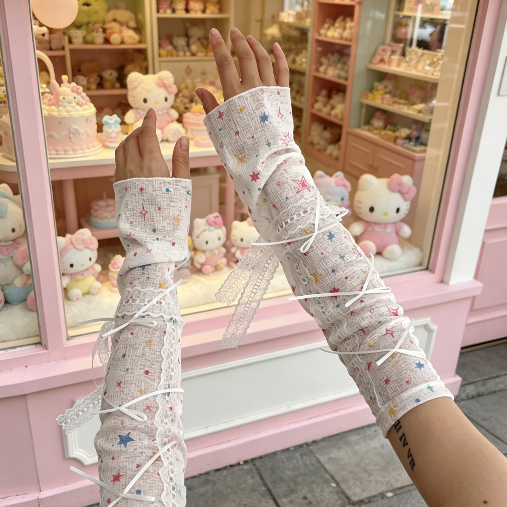 Kawaii Star Print Lace Arm Sle - Fingerless Glove Knit ulasan dan harga